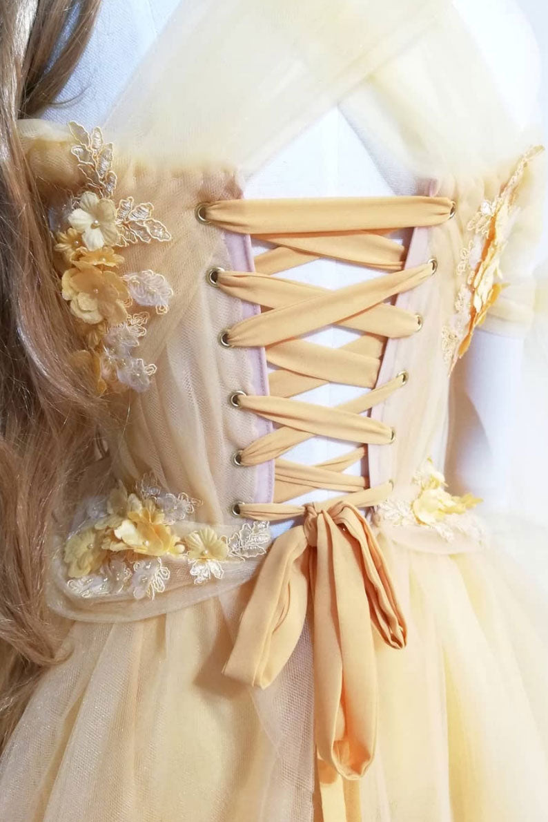 Yellow sweetheart tulle lace long prom dress yellow formal dress