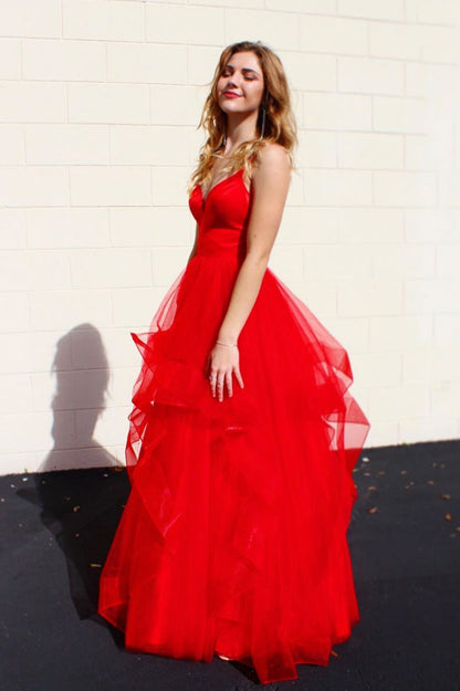 Red v neck tulle long prom dress red tulle formal dress