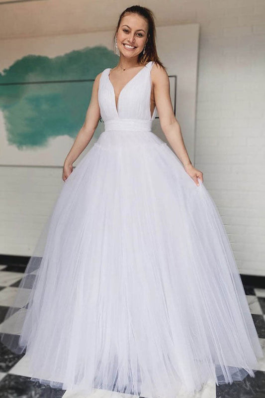 Simple v neck white tulle long prom dress white long evening dress
