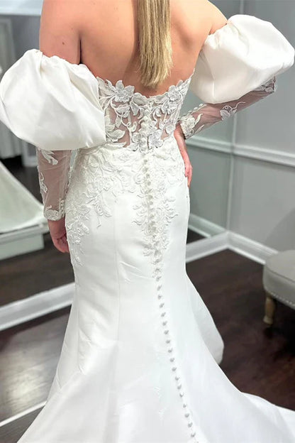 Aimishang White Appliques Off-the-Shoulder Mermaid Wedding Dress with Detached Sleeves