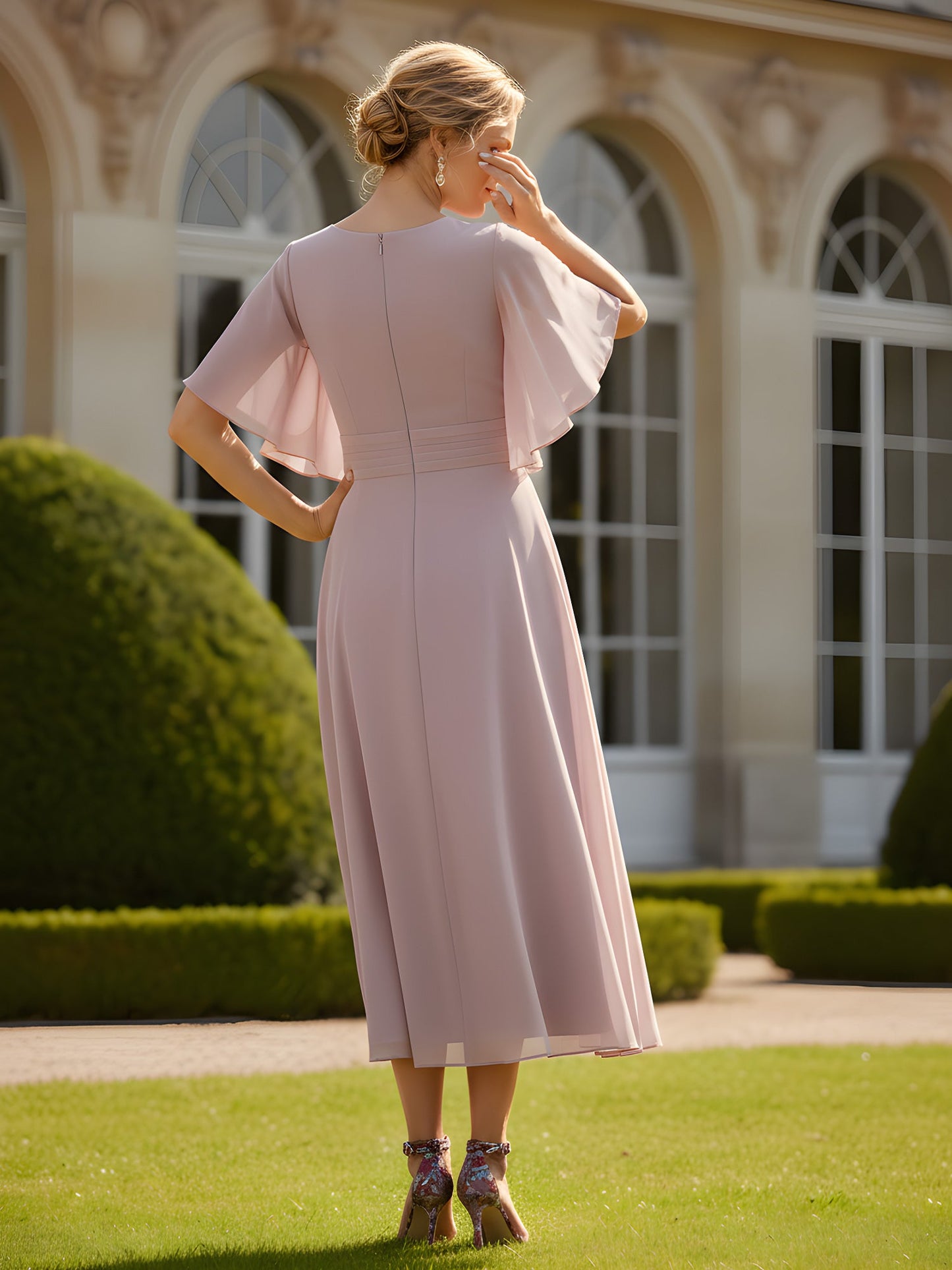 A-Line Flutter Sleeves V-neck Tea-Length Chiffon Dress Dusk