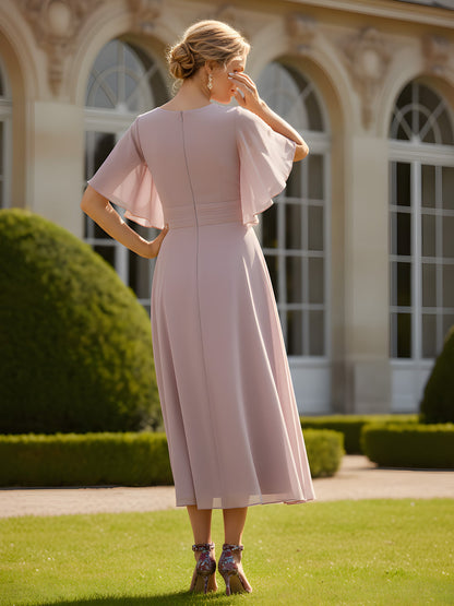 A-Line Flutter Sleeves V-neck Tea-Length Chiffon Dress Dusk