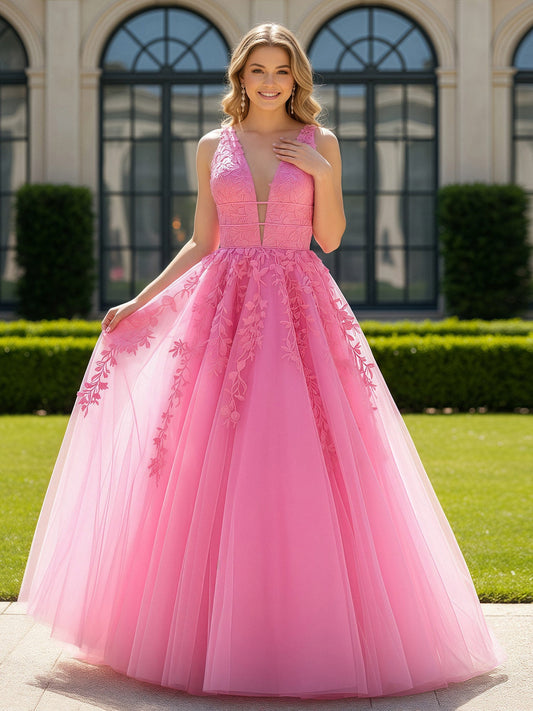 Appliqued Tulle Open Back Plunging V-Neck Prom Dress Azalea