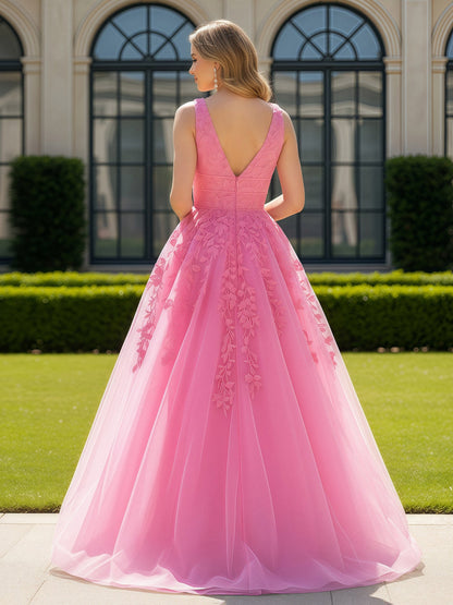Appliqued Tulle Open Back Plunging V-Neck Prom Dress Azalea