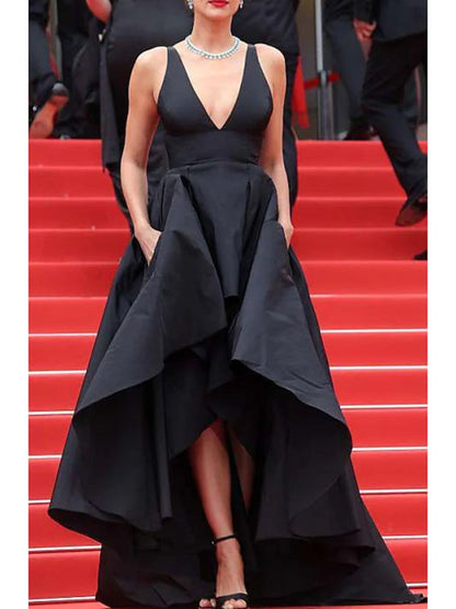 High Low V Neck Black Prom Dresses with Pocket Satin vening Dresses