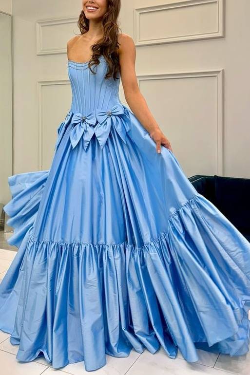 Black Strapless Beaded Ruffle Prom Dress with Bow