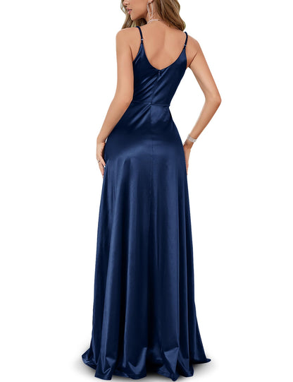 Navy Blue Women's Vintage 1950's Surplice V Neck Split Thigh Prom Formal Dress
