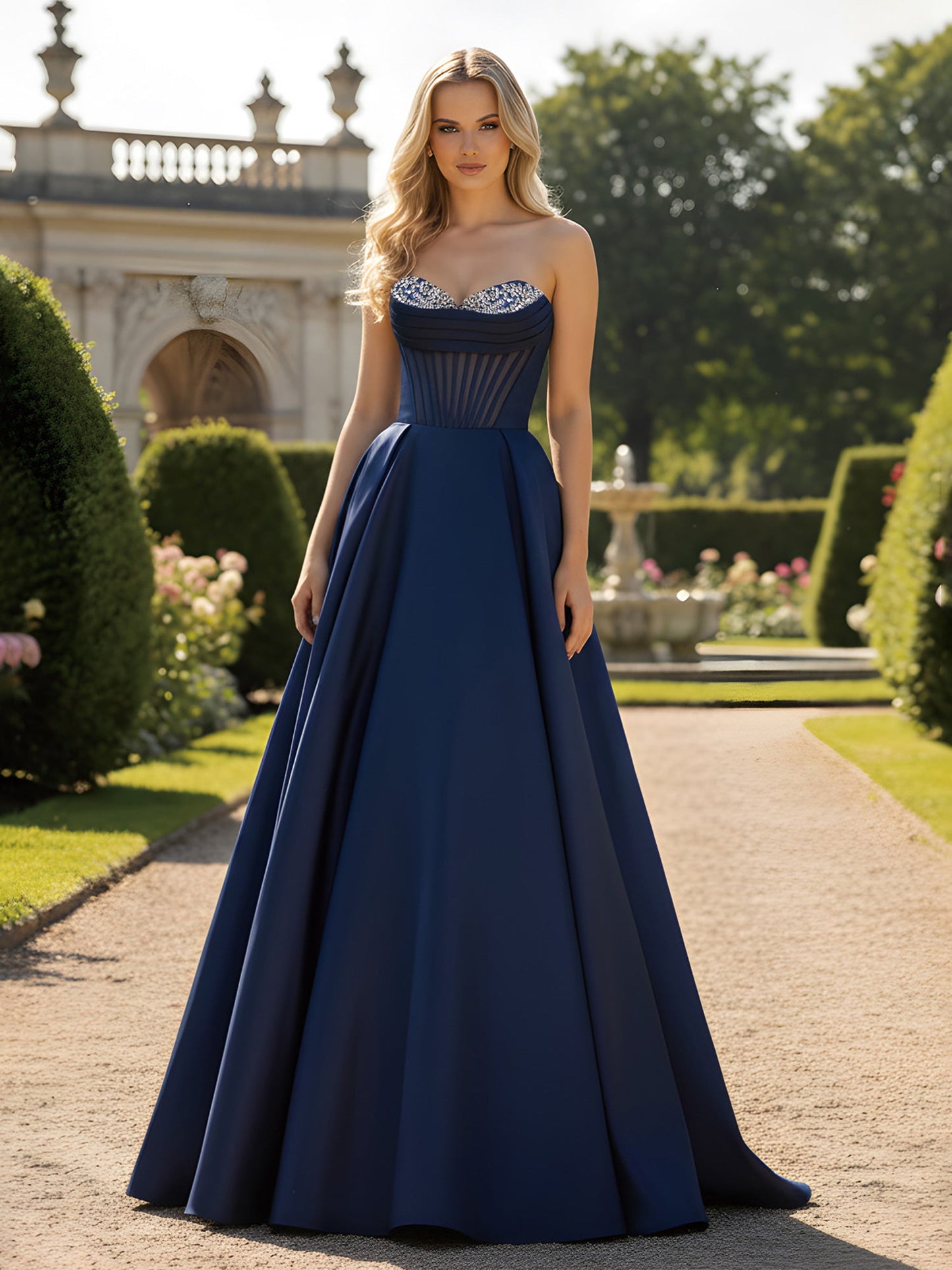 A-Line Ball Gown with Illusion Corset Bodice Dark Navy