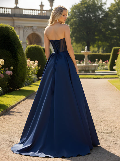 A-Line Ball Gown with Illusion Corset Bodice Dark Navy