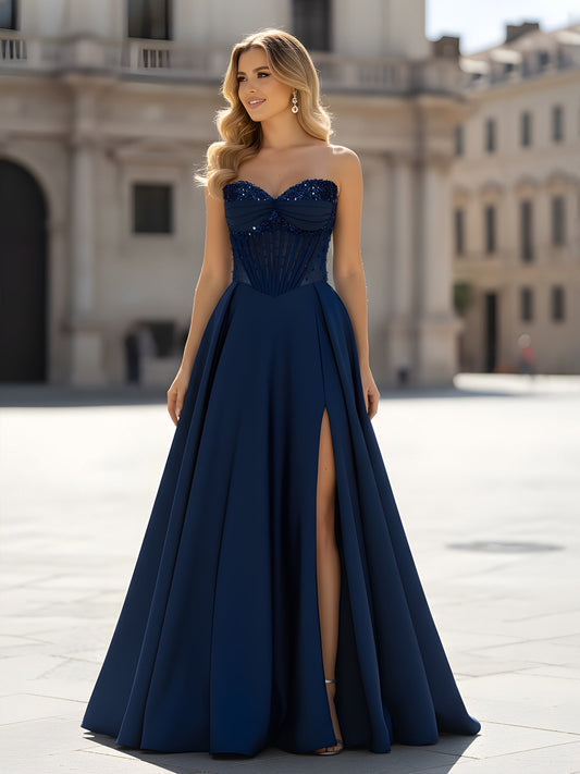 Sequin Sweetheart Bodice A-Line Gown with Slit Dark Navy