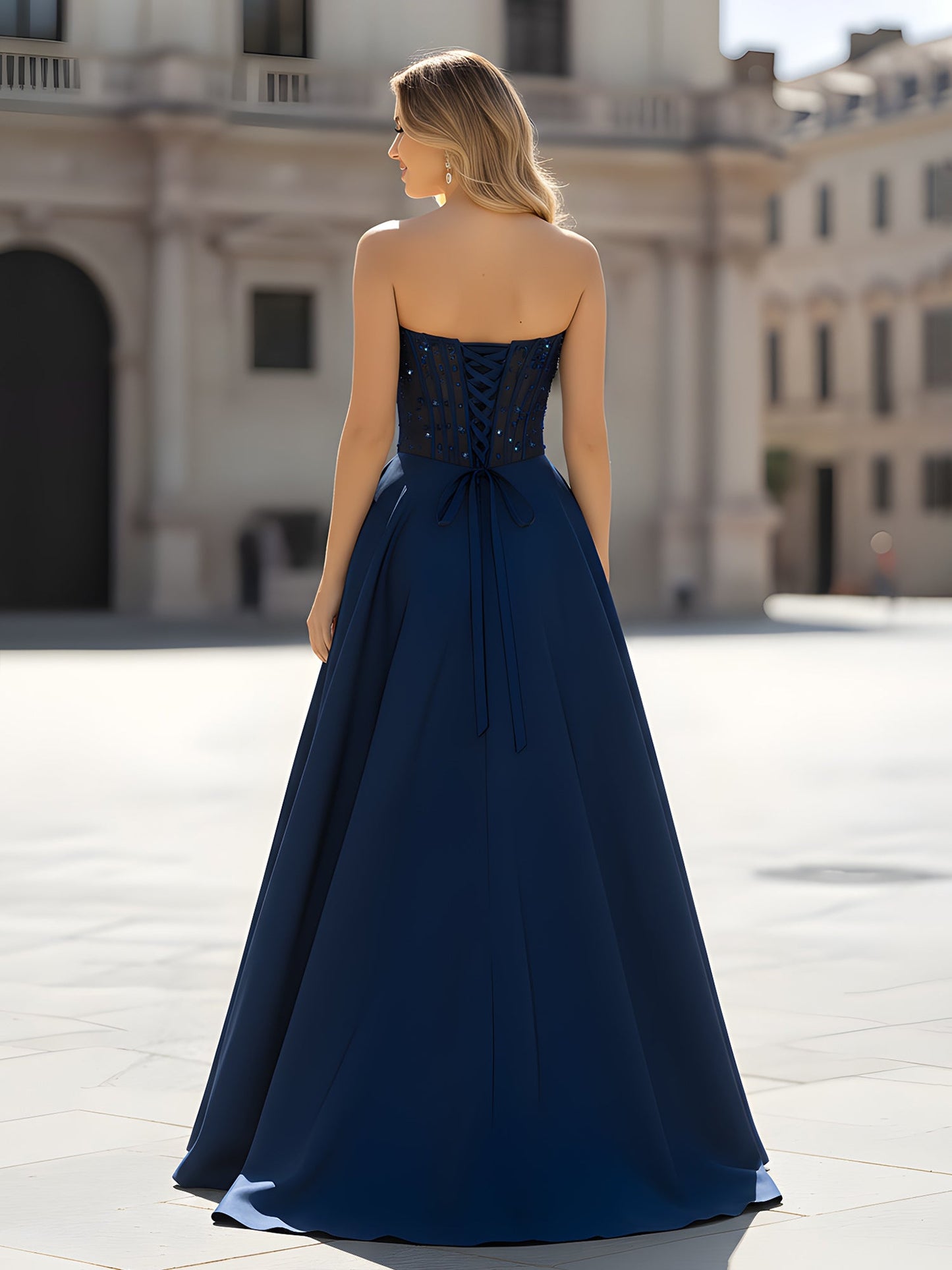 Sequin Sweetheart Bodice A-Line Gown with Slit Dark Navy