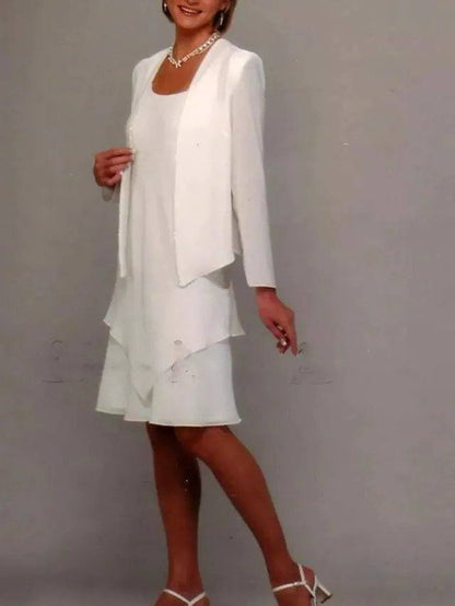 Sheath / Column Mother of the Bride Dress Elegant Jewel Neck Knee Length Chiffon Long Sleeve with Ruffles - RongMoon