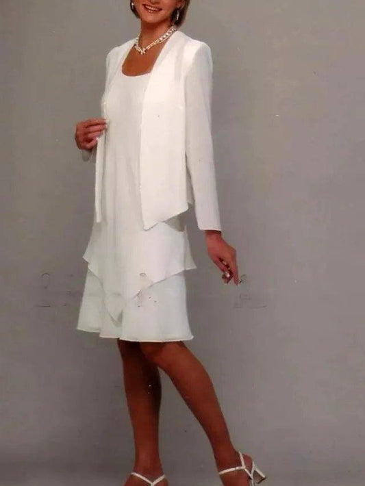 Sheath / Column Mother of the Bride Dress Elegant Jewel Neck Knee Length Chiffon Long Sleeve with Ruffles - RongMoon