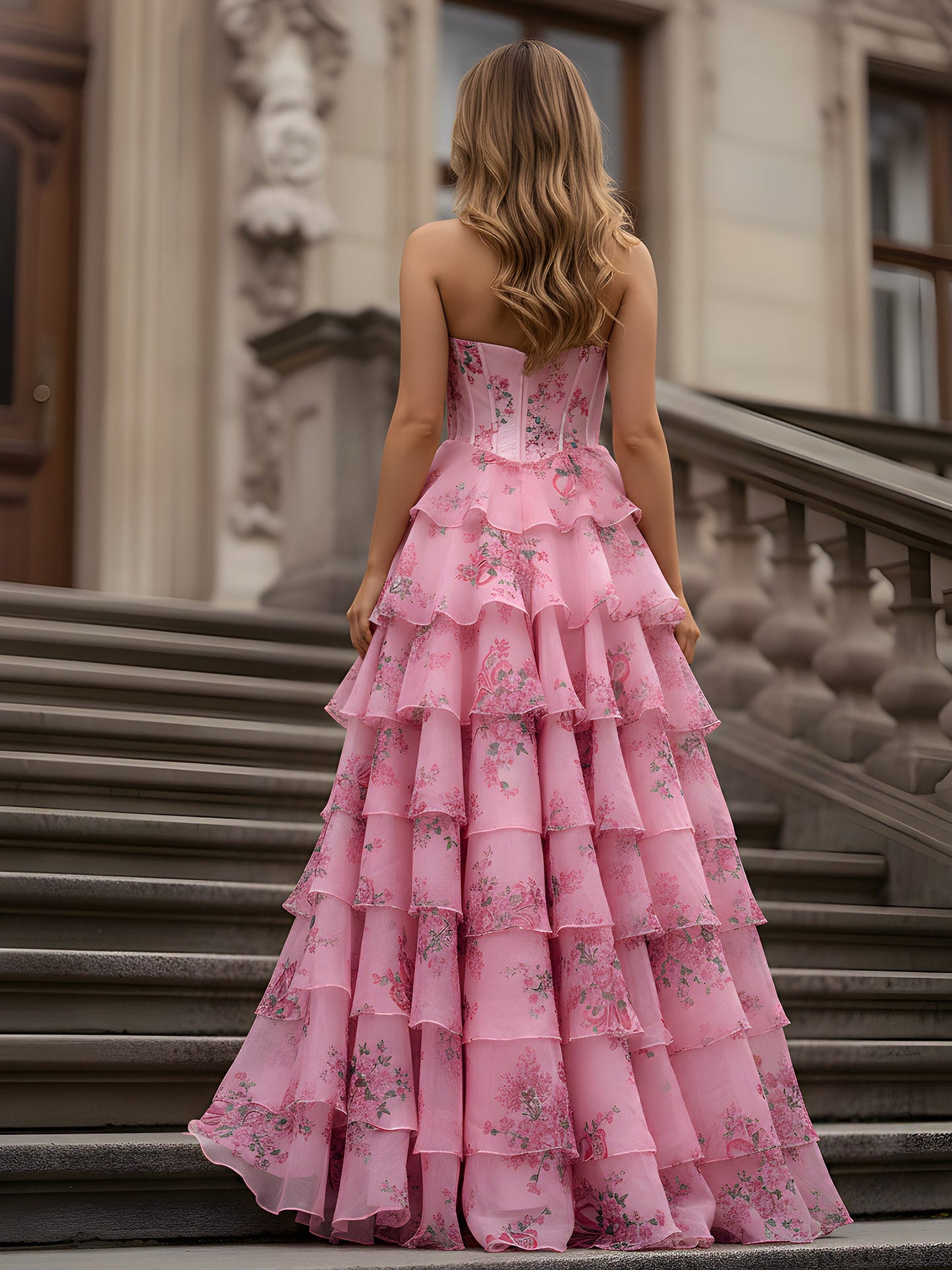 Ruffled Tiered Skirt Gown with Floral Print Chiffon Pink