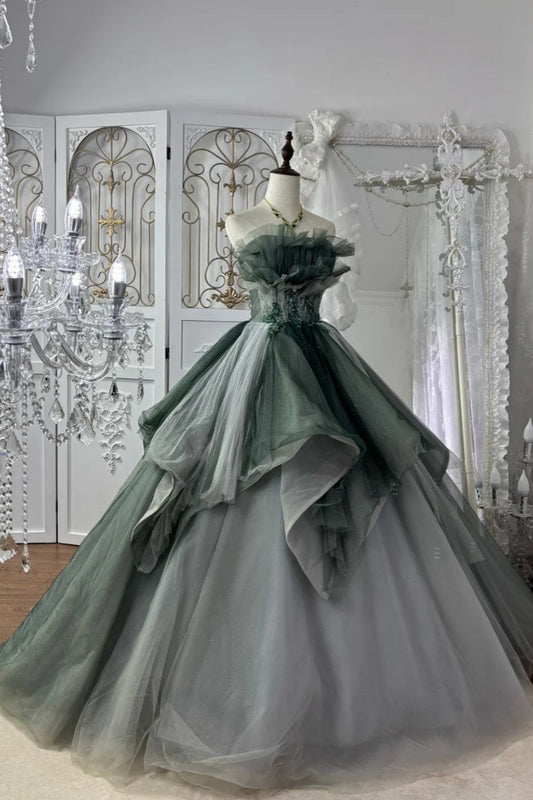Forest Green Gradient Ball Gown Beaded Strapless & Oversized Tulle  gh7064