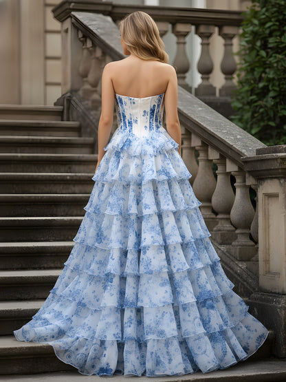 Ruffled Tiered Skirt Gown with Floral Print Chiffon Blue