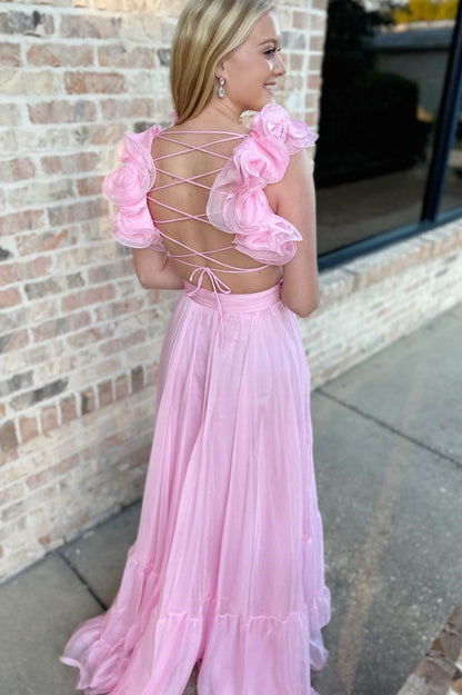 Magenta Chiffon Lace-Up Ruffle Belted A-Line Prom Dress