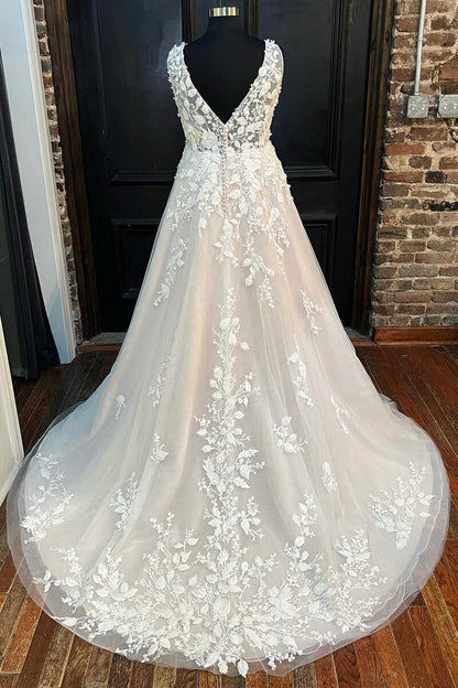 Lace V-Neck V-Back A-Line Applique Wedding Dress