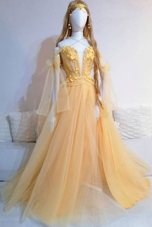 Yellow sweetheart tulle lace long prom dress yellow formal dress