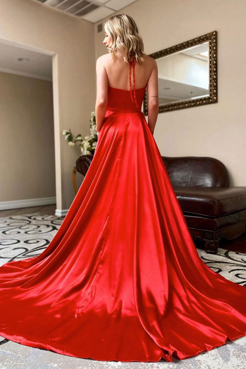 Simple red v neck satin long prom dress red evening dress
