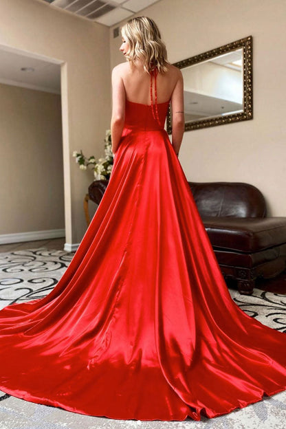 Simple red v neck satin long prom dress red evening dress