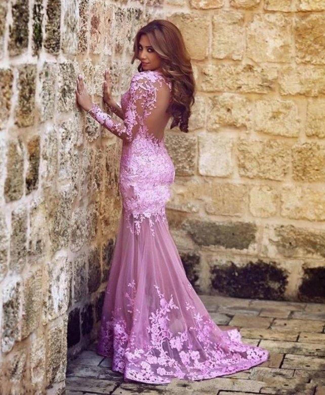 Pink Muslim Evening Dresses Mermaid Long Sleeves Tulle Appliques Lace Islamic Dubai Saudi Arabic Long Formal Evening Gown - RongMoon