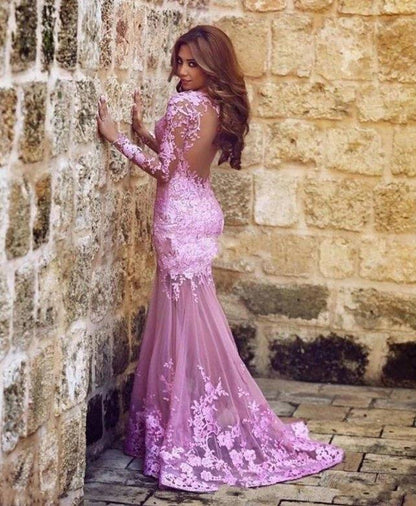Pink Muslim Evening Dresses Mermaid Long Sleeves Tulle Appliques Lace Islamic Dubai Saudi Arabic Long Formal Evening Gown - RongMoon
