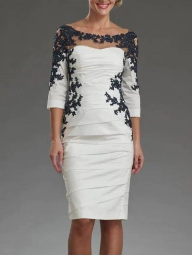Sheath / Column Mother of the Bride Dress Elegant Off Shoulder Knee Length Lace Taffeta 3/4 Length Sleeve with Appliques Ruching - RongMoon