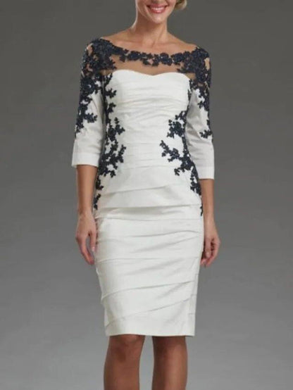 Sheath / Column Mother of the Bride Dress Elegant Off Shoulder Knee Length Lace Taffeta 3/4 Length Sleeve with Appliques Ruching - RongMoon