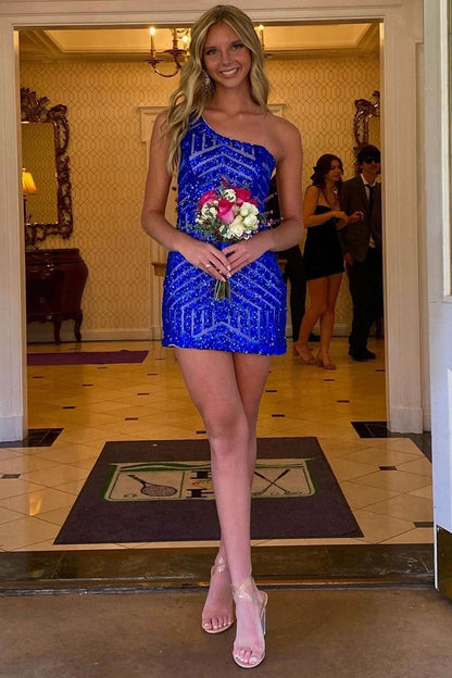 Blue Sequin One-Shoulder Short Party Dress