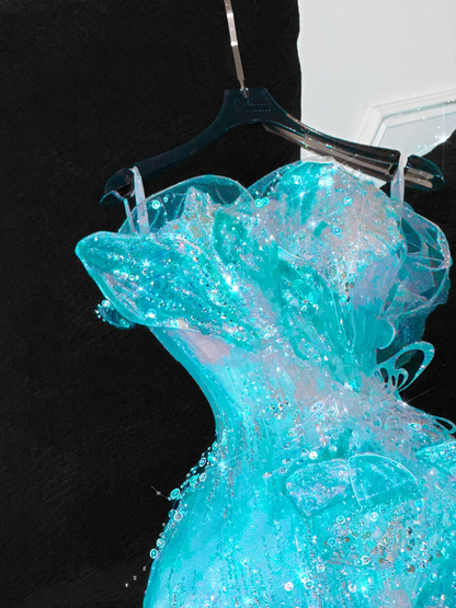 Gorgeous Sparkling Blue Beaded Sequin Mermaid Elegant Chiffon Tulle Evening Dress Prom Dresses HZ1024