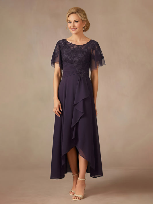 Lace Sequins Chiffon A-Line Asymmetrical Dress With Ruffles Plum