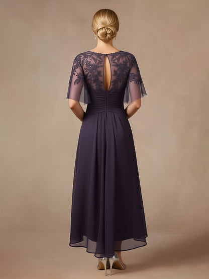 Lace Sequins Chiffon A-Line Asymmetrical Dress With Ruffles Plum