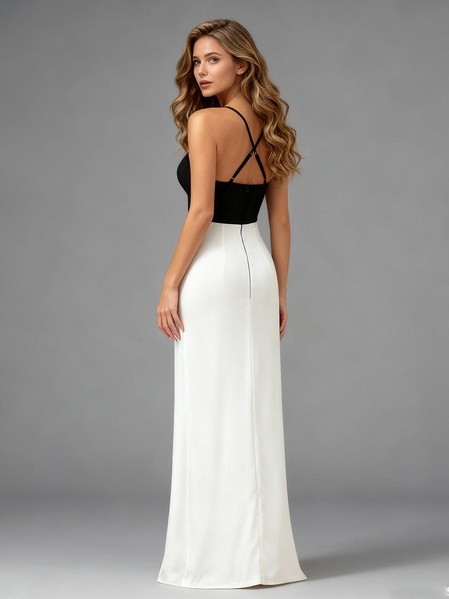 Spaghetti Straps V-neck Sheath Dress With Front Slit White