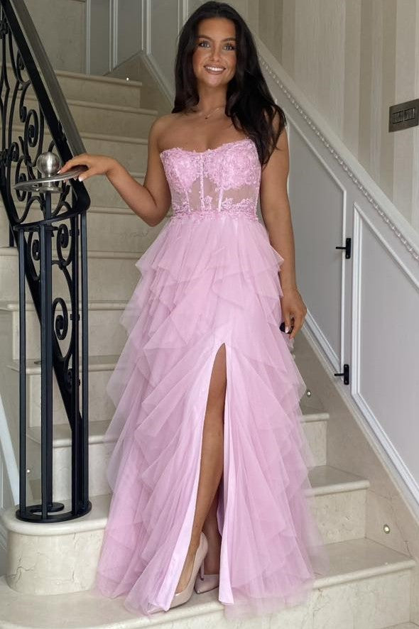 Gentle Tulle Coral Strapless Layered Prom Dress with Applique