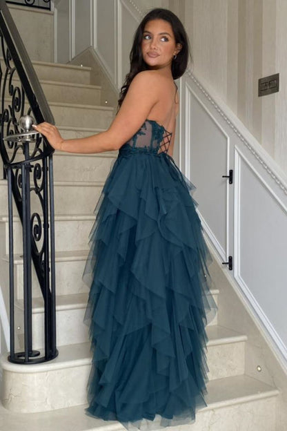 Gentle Tulle Coral Strapless Layered Prom Dress with Applique