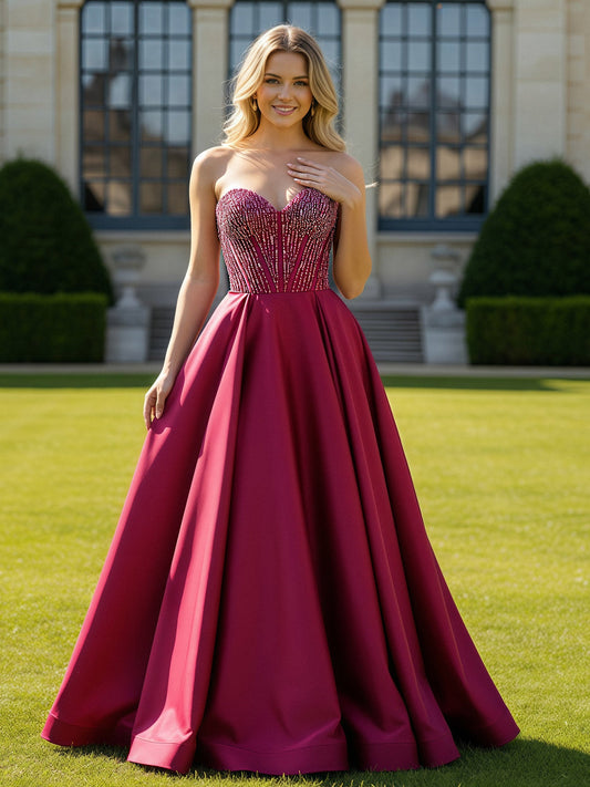 Heavily Beaded Corset Bodice A-Line Gown Mulberry
