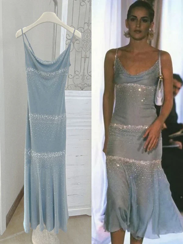 Beautiful Spaghetti Straps Blue Chiffon Beaded Evening Dress,Formal Prom Party Dress cc2677