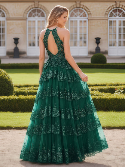 Halter Neck Tiered Skirt Gown with Lace Detailing Dark Green