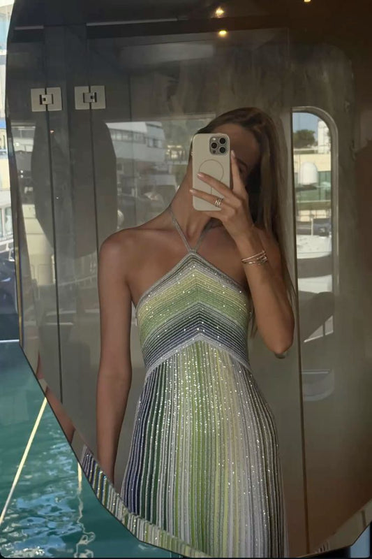 girlhomeshops--Green Sparkling Holiday-Style Halter Dress gh5589