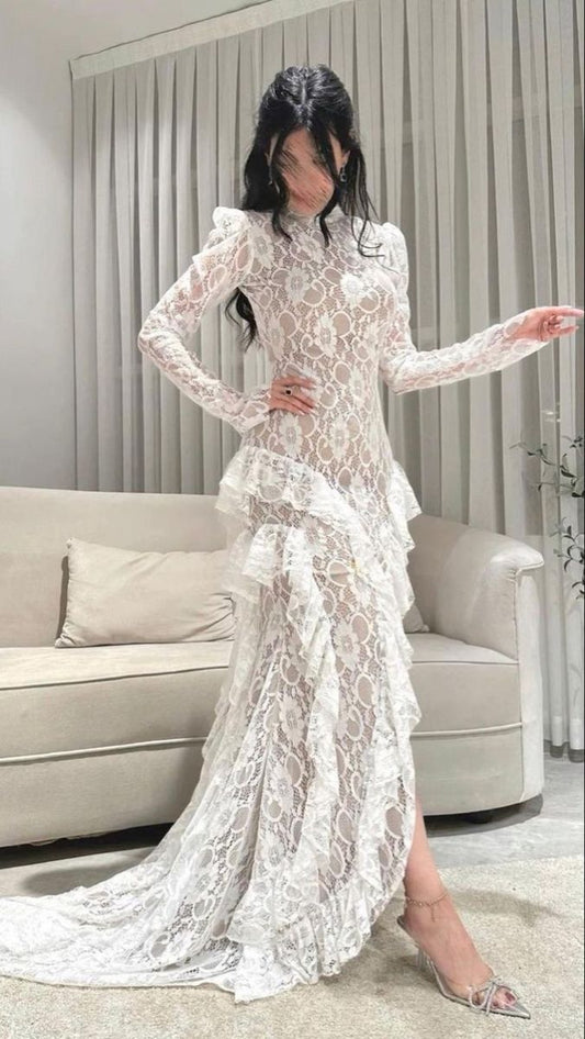Fairy White Lace Train Maxi Dress | High Neck Puff Sleeve Ruffle Dress, Gala Friends Gathering Fashion Outfit gh6453