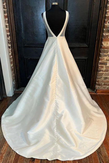 White Satin Plunging Neck Bow-Back A-Line Long Wedding Dress