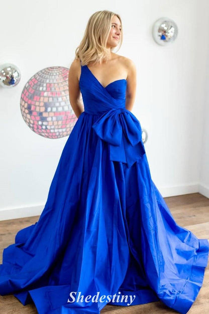 Royal Blue One Shoulder A-Line Long Prom Dress with Bow