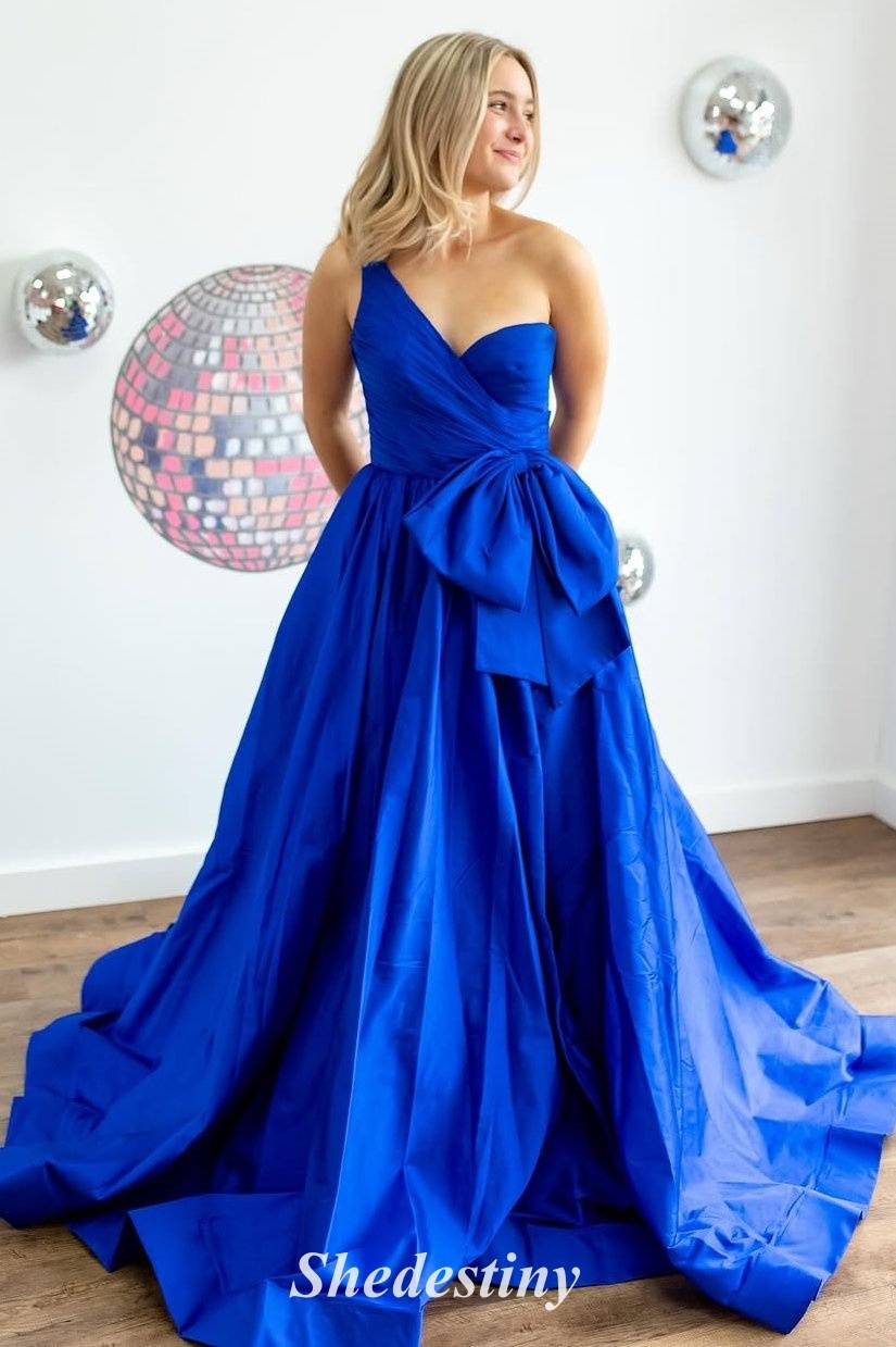 Royal Blue One Shoulder A-Line Long Prom Dress with Bow