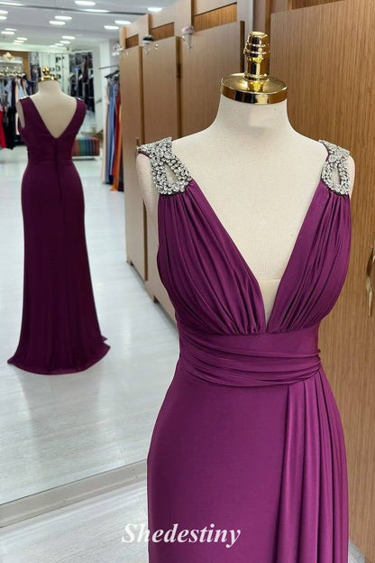 Pleated Orchid Plunging V-Neck Corset A-Line Prom Dress with Rhinestones