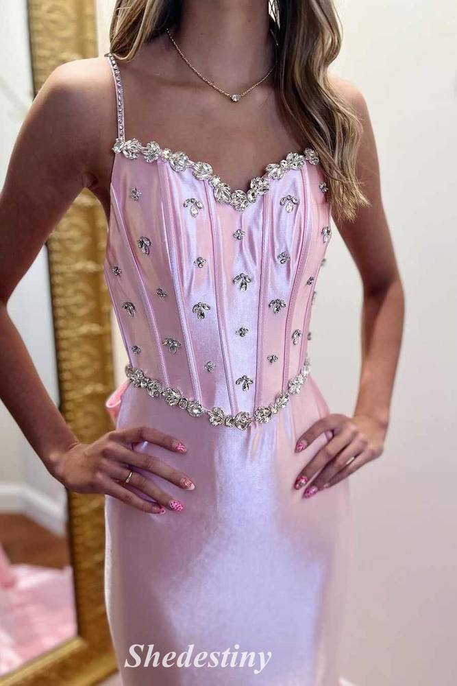 Rhinestone Corset Pink Mermaid Prom Dress with Straps
