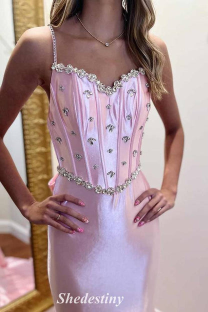 Rhinestone Corset Pink Mermaid Prom Dress with Straps