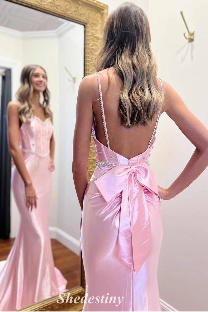 Rhinestone Corset Pink Mermaid Prom Dress with Straps