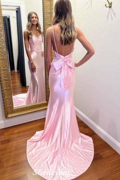 Rhinestone Corset Pink Mermaid Prom Dress with Straps