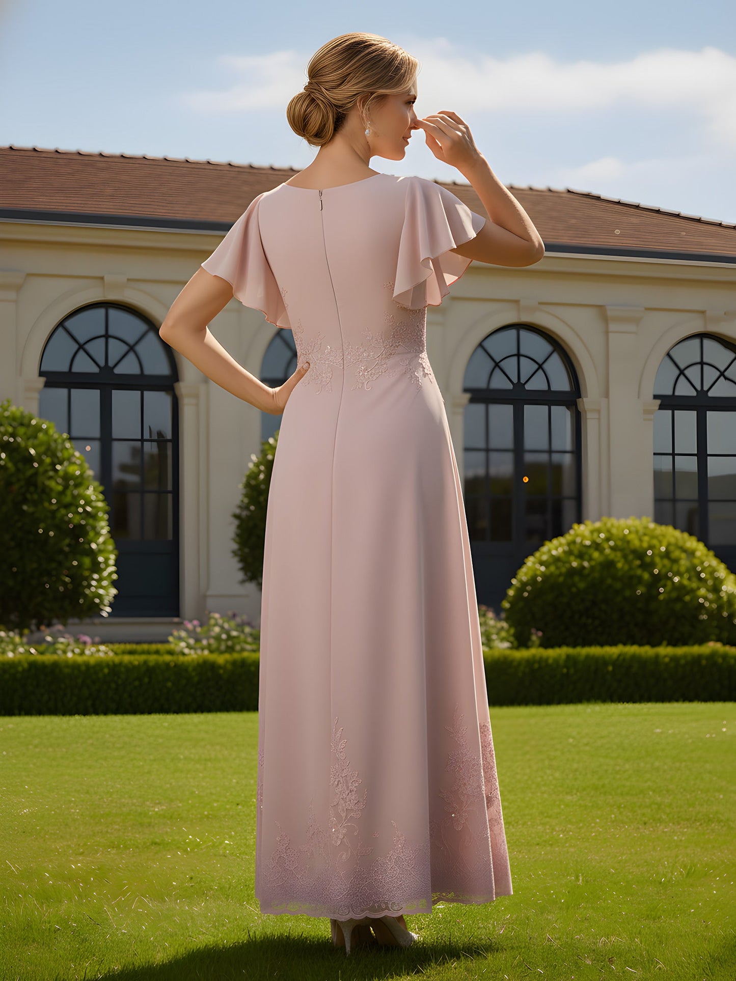 Flutter Sleeves Sequins Lace Chiffon A-Line Dress Dusty Rose